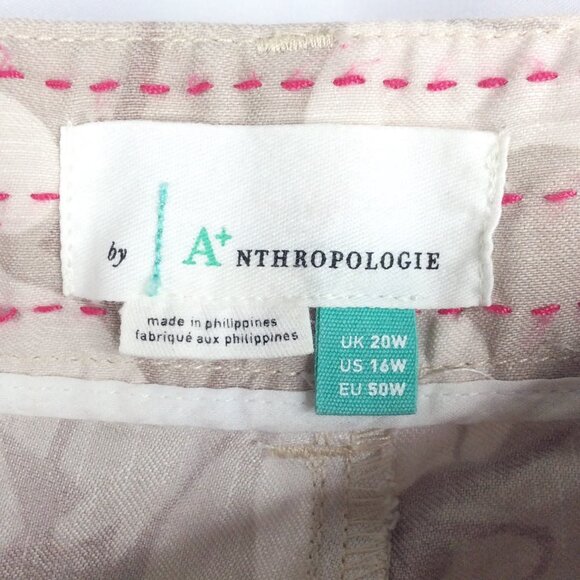 Anthropologie Frannie Print Tapered Pants Sz 16W Linen Blend Beige Floral Leaves - Picture 4 of 11